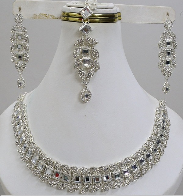 Silver Choker Necklace Jewelry Set With Earring Matha Patti  (PS-438) 