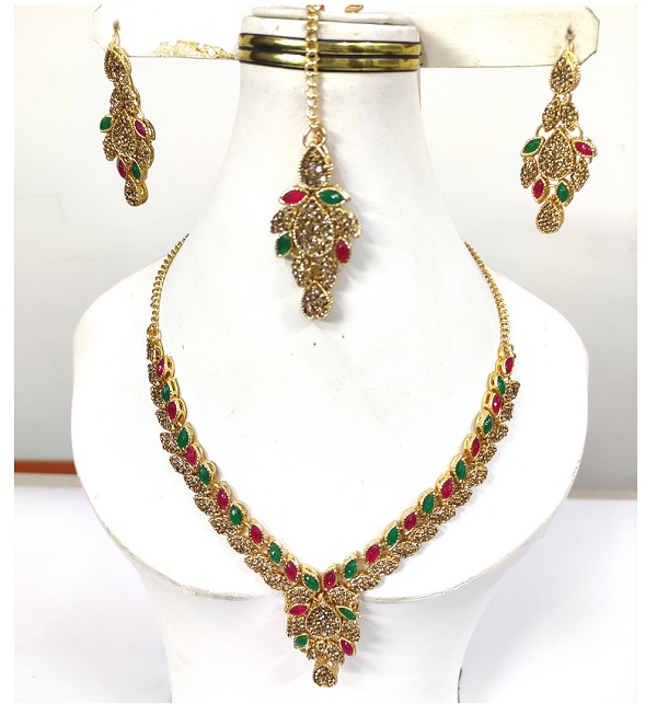 Zircon Multi Color Stone Necklace Set With Matha Patti & Earings (PS-493) 