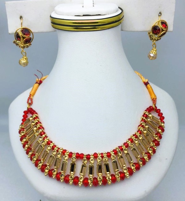 Beautiful Red Choker Necklace Jewelry Set With Earrings (ZV:18622)