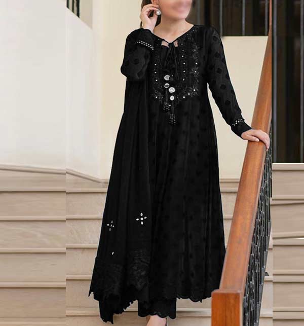 Black Chiffon Embroidered Dress With Heavy Embroidered Mirrorwork Chiffon Dupatta (CHI-532)