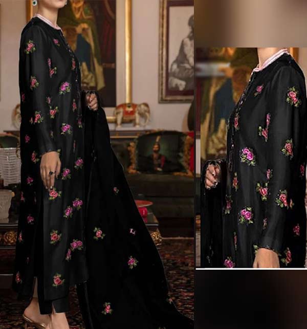 Black  Embroidered 3pc Silk Dress With Embroidered Organza Dupatta (CHI-745)
