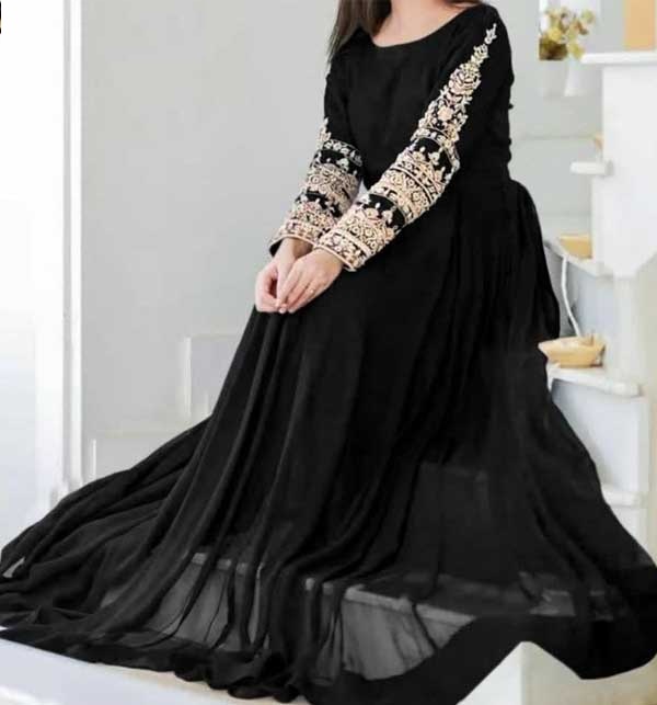 Chiffion Black Stitched Embroidery Maxi (Width120 Inch Flair) with inner (CHI-542)