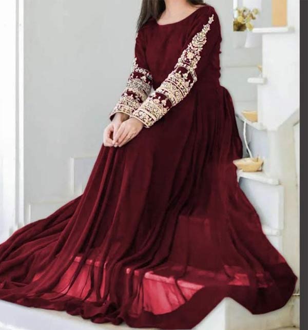 Ready Made Chiffion Maroon Stitched Embroidery Maxi (120 Ich Flair) with Inner (CHI-538)