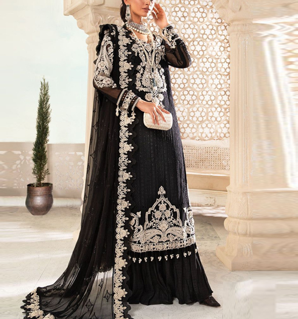 Chiffon 3D Flower & Heavy Embroidered Dress With Spengle Work Dupatta (UnStitched)  (CHI-849)