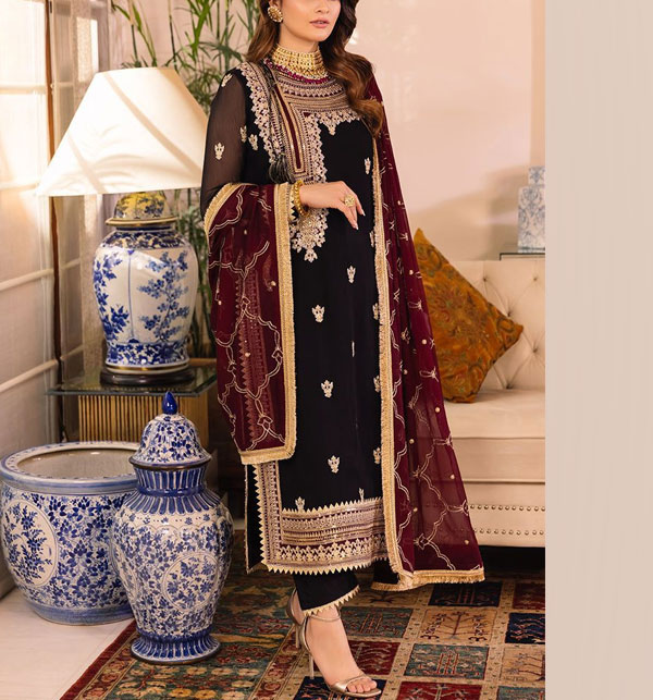 Chiffon Full Heavy Embroidered Dress With Embroidered Lace Dupatta (Unstitched) (CHI-870)