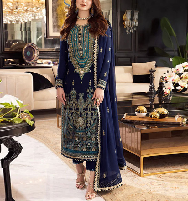 Chiffon Fully Heavy Embroidered Dress With Heavy Embroidered Spengle Work Dupatta (Unstitched) (CHI-891)