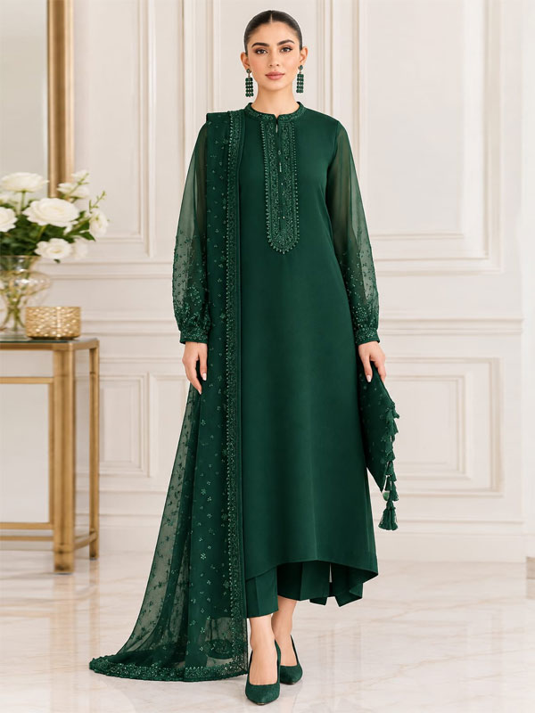 Decent Embroidered Bottole Green Chiffon Party Wear Dress Budget Friendly Dress Chiffon Emb Dupatta 3 Peice (Unstitched) (CHI-1126)