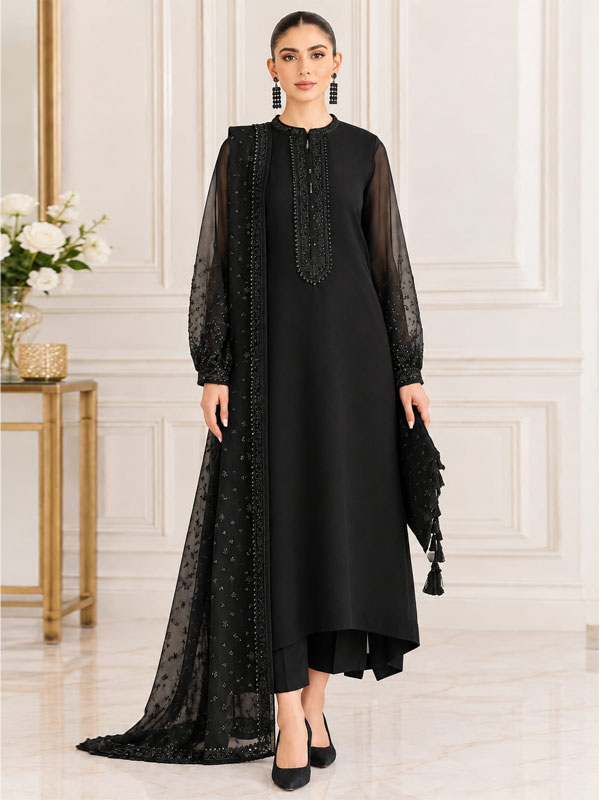 Elegant Chiffon Black Sequence Embroidered Dress Affordable Formal Wear Chiffon Embroidered Dupatta 3 Peice (Unstitched) (CHI-1127)