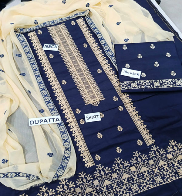 Cotton Arri Work Embroidered Dress With Chiffon Embroidered Dupatta & EMB Trouser (Unstitched) (DRL-1639)