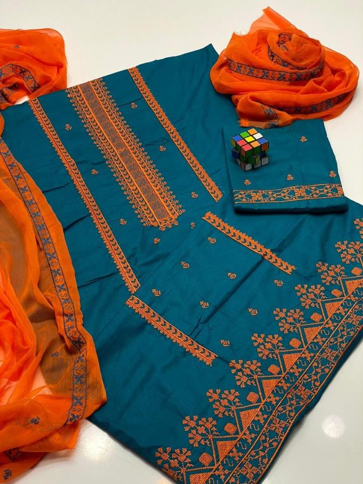 Cotton Arri Work Embroidered Dress With Chiffon Embroidered Dupatta & EMB Trouser (Unstitched) (DRL-1645)	