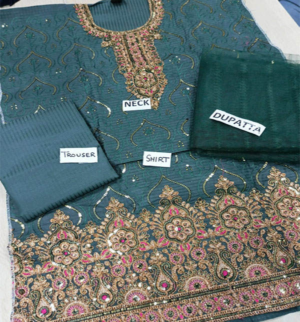 Cotton Dorri Work Sequence Embroidered Semi Stitched Dress With Net Dupatta (Unstitched) (DRL-1641)
