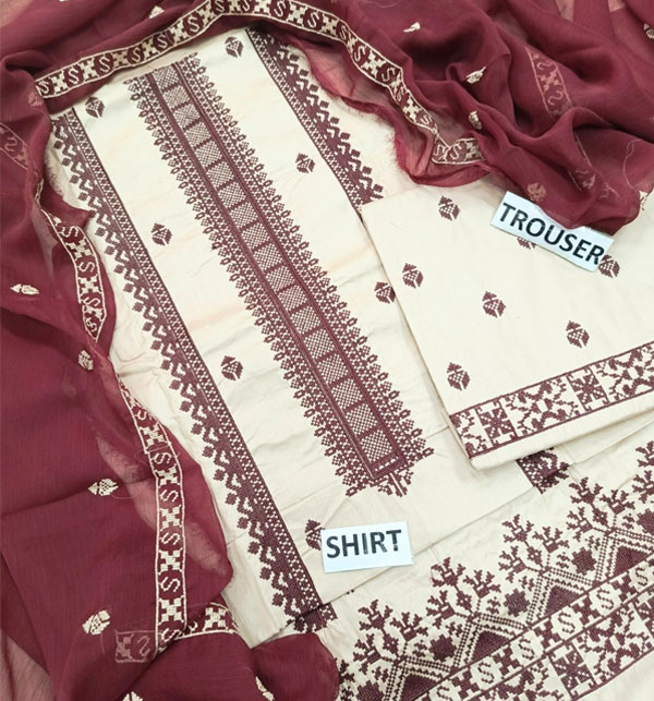 Cotton Heavy Aari Embroidered Dress With Chiffon Embroidered Dupatta & EMb Trouser (Unstitched) (DRL-1610)