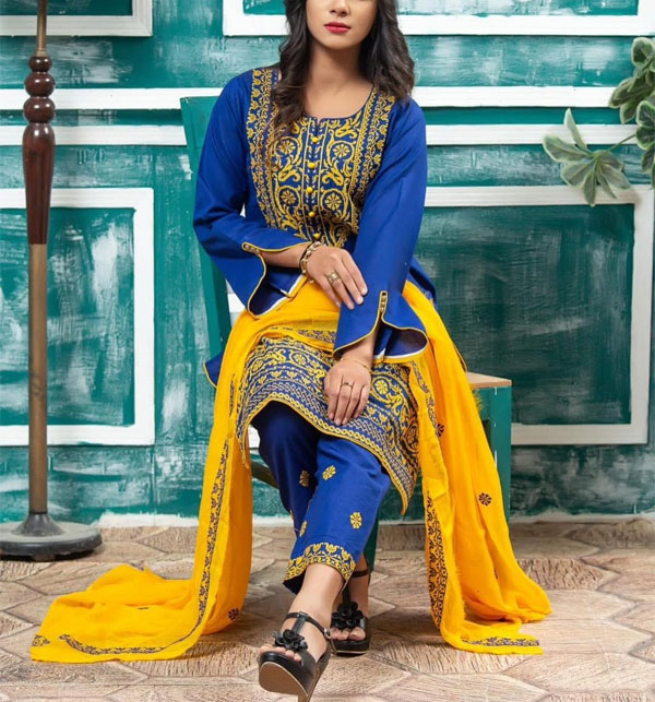 Cotton Heavy Aari Work Embroidered Dress With Chiffon Embroidered Dupatta (Unstitched) (DRL-1586)	