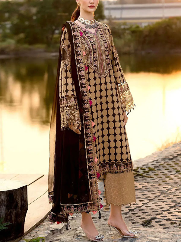 Digital Print Beige Dhanak Winter Dress with Dhanak Shawl (Unstitched) (KD-277)