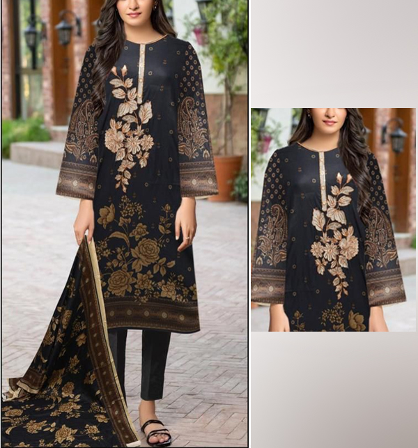 Digital Printed Dhanak Dress with Digital Printed Wool Shawl (Unstitched) (KD-196)	