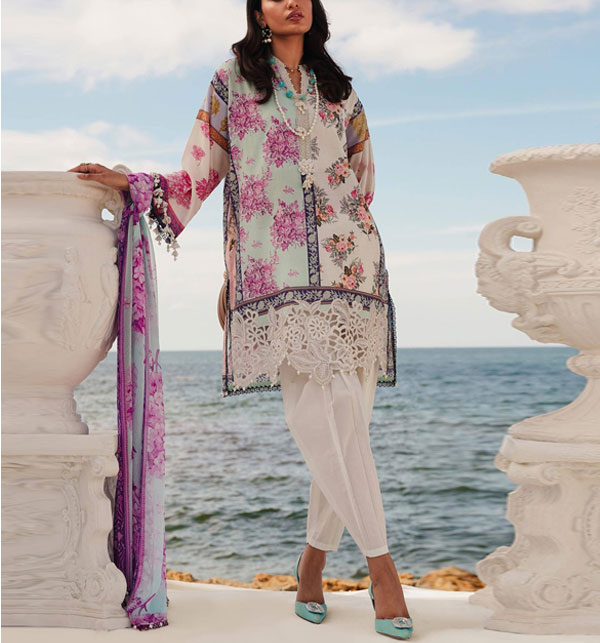 Digital Printed Embroidery Bunshes Lawn Dress With Chiffon Printed Dupatta (Unstitched) (DRL-1703)	