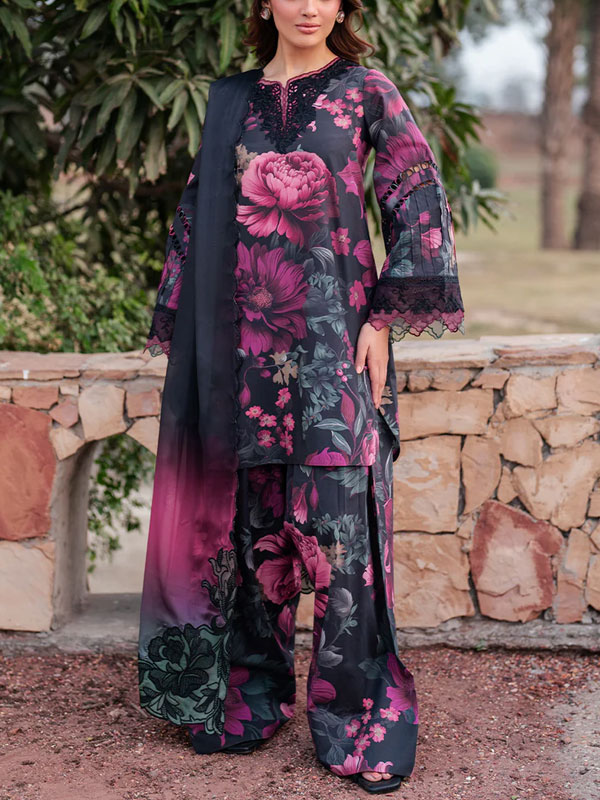 Digital Printed Lawn Dress HEavy Embroidery Bunches With Chiffon 4 Side Embroidery Dupatta Printed Trouser (Unstitched) (DRL-2342)