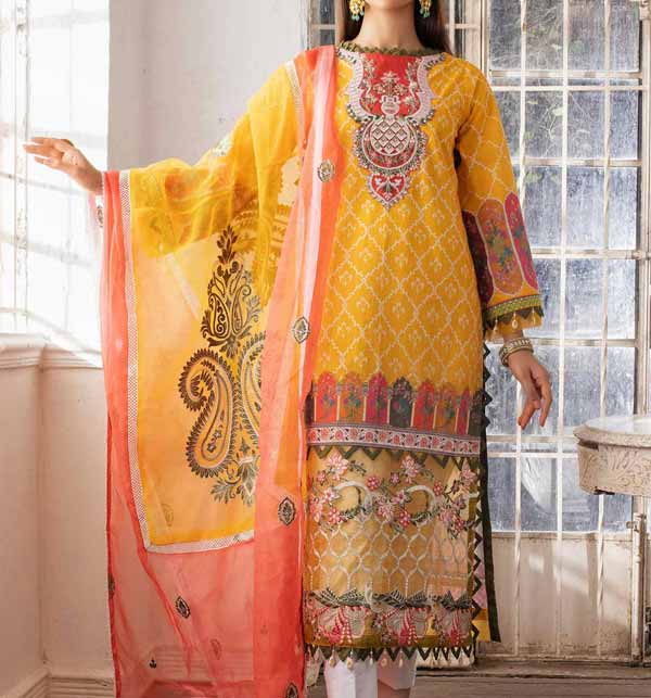 Digital Printed Lawn Suit With Organza Embroidered Motifs For Dupatta (MRJ2-07)