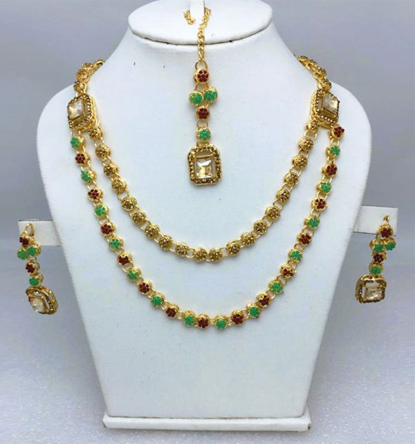 Double Layered Stone Necklace Jewerly Set With Earring And Tikka (ZV:18500)