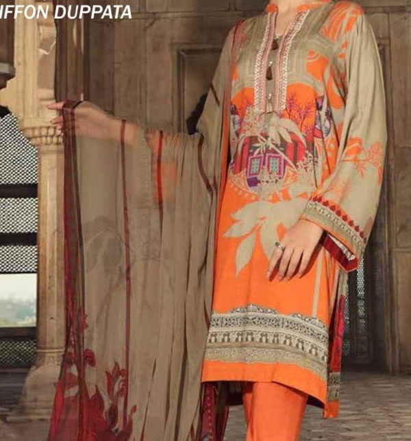 Eid Embroidered Lawn Suit with Chiffon Dupatta UnStitched (DRL-590)