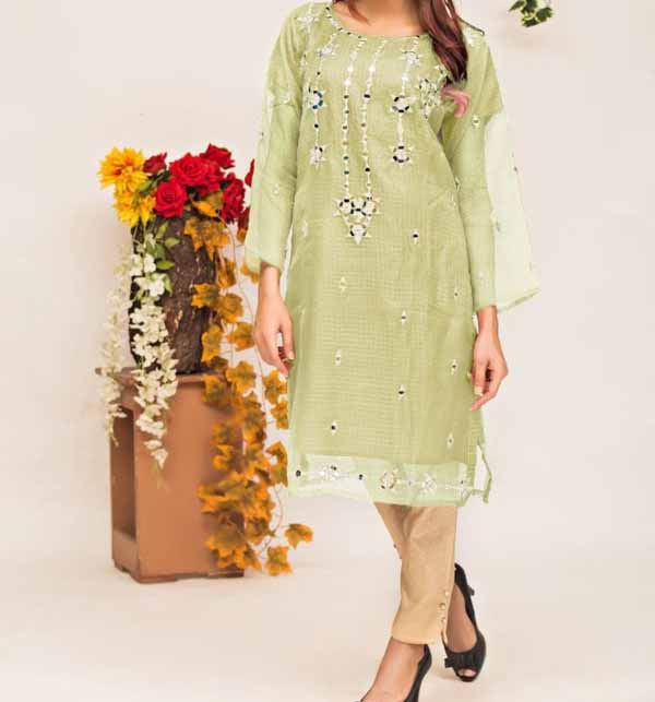 Stitched Eid Organza Shasha Embroidery Work With Banarsi Trouser (Stitched) (CHI-454)
