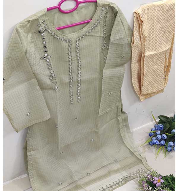 Stitched Organza Mirror Work Dress with inner Banarsi Trouser (Stitched) (CHI-452)