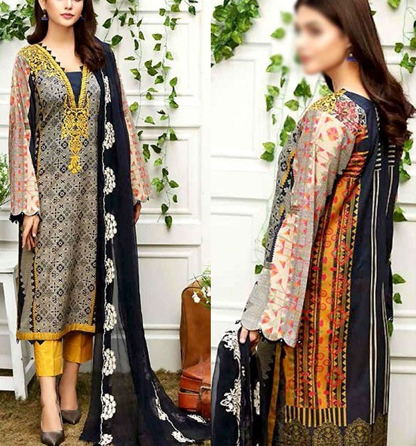 Elegant Embroidered Lawn Dress 2022 with Chiffon Dupatta (Unstitched