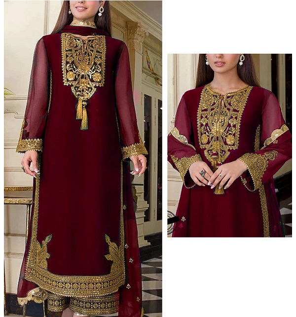 Elegant Embroidered Marron Chiffon Party Dress 2022 (UnStitched) (CHI-759)