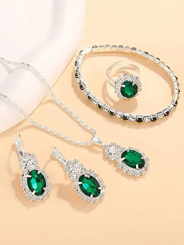 Elegant Fashion Green Oval Necklace Set with Ring, Earrings & Bracelet (ZV:30285)