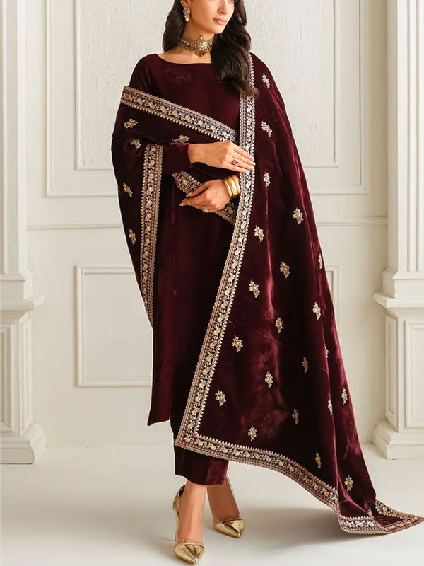 Elegant Velvet 3 Pc Suite Plain Velvet Shirt & Tourser Heavy Embroidered Velvet Shawl (Unstitched) (CHI-1020)