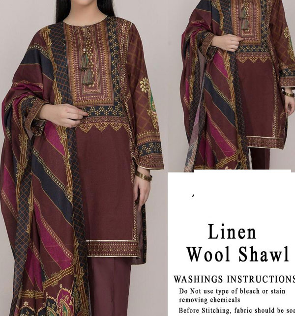 EMBROIDED 3PC Linen DRESS WITH WOOL DUPATTA (Unstitched) (LN-152)