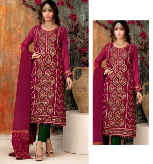 Embroidered 3 Pcs Dress With Bamber Chiffon Embroidered Dupatta (UnStitched) (DRL-1224)