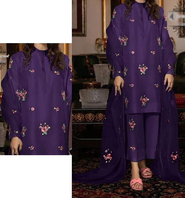 Embroidered 3pc Purple Silk Dress With Embroidered Organza Dupatta