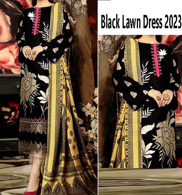 Embroidered Black Lawn Dress 2023 with Chiffon Dupatta  (DRL-1252)