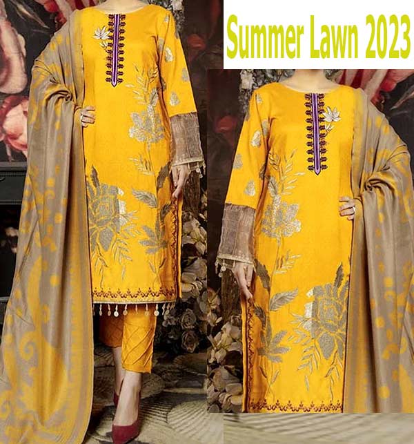 Embroidered Lawn Dress 2023 with Chiffon Dupatta (DRL-1251)