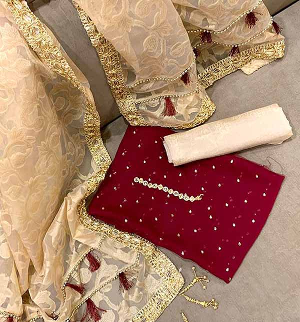 Embroidered Maroon Chiffon Banarsi Dress with Organza Jacquard Embroidery Dupatta (DRL-886)