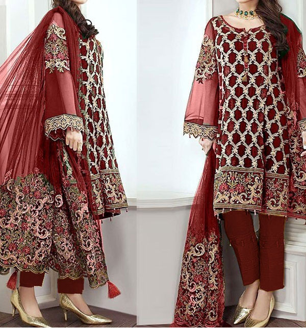 Bridal Embroidered Maxi in Maroon Color with Net Dopatta 