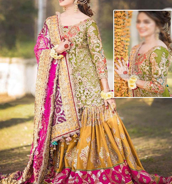 Bridal Chiffon Heavy Embroidered Dress Stone Work 4 Side Emb Dupatta Slik Garara Heavy Emb (Unstitched) (CHI-586) - Mehndi Collection 2022