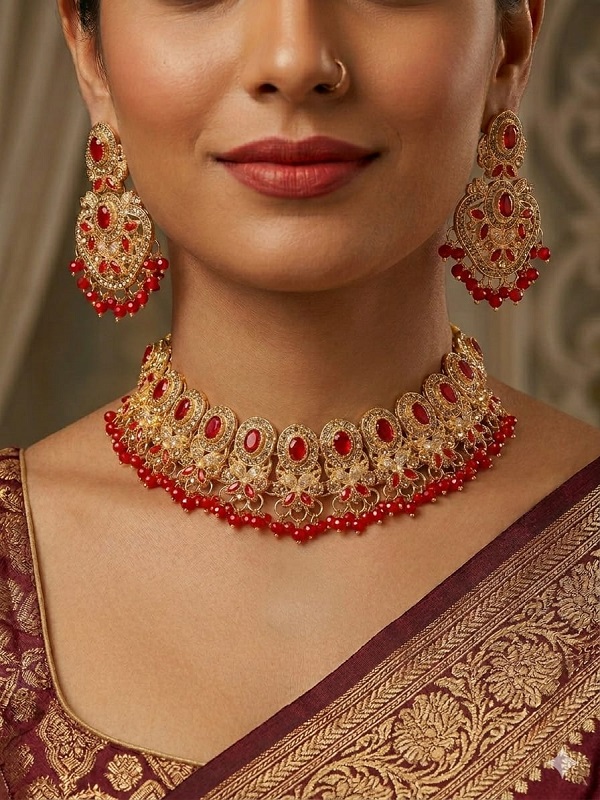 Farshi Kundan Gajra Necklace Set with Earrings and Tika (ZV:30680)