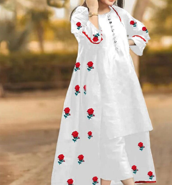 (11 11 SALE 2022) Stitched Fully Heavy Embroidered Flower Silk White Maxi With With Embroidered Gown For Girls (RM-26)