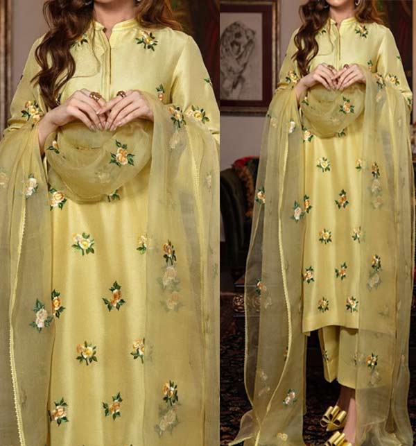 Silk Heavy Embroidered Dress with Embroidered Organza Dupatta (Unstitched) (CHI-742)
