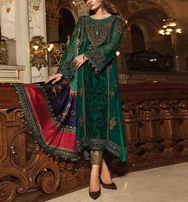 Chiffon Full Embroidery Suit with Digital Printed Silk Dupatta (Unstitched) (CHI-515)