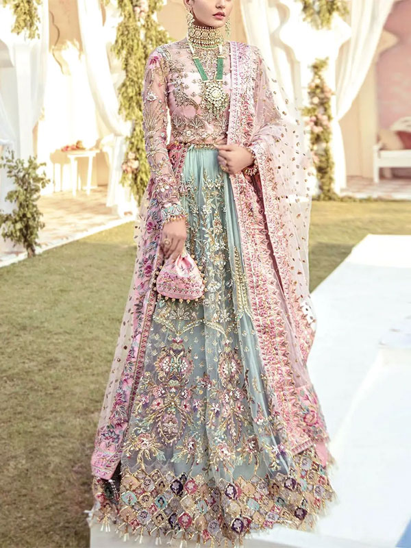 Glamorous Embroidered Net Bridal Lehenga in Blush Pink & Sage Green Color with Colorful Embellishments (Unstitched) (CHI-1062)