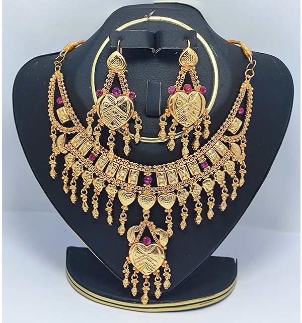 Gold Plated Heart Shape Necklace Set With Earrings (ZV:11625)