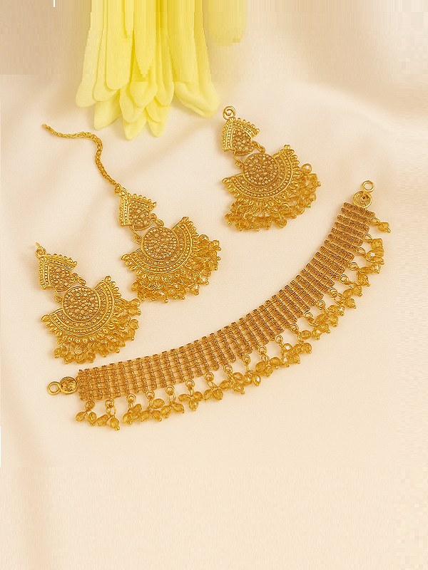 Golden Indian Necklace Set with Earrings and Bindia (ZV:34522)