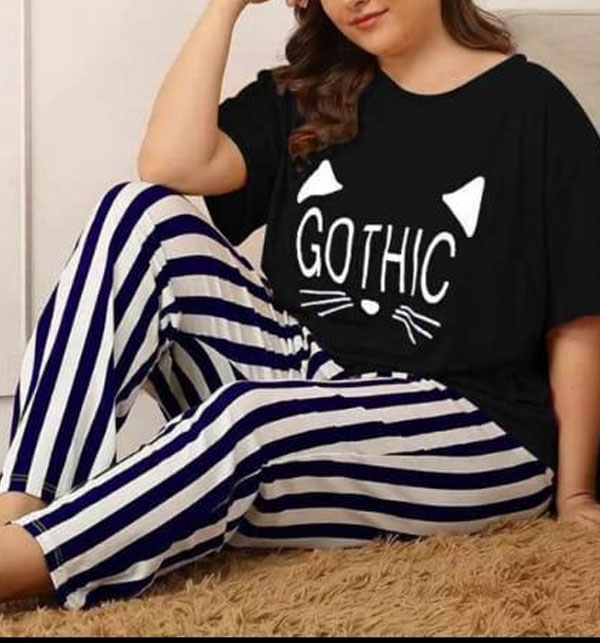 Gothic Black Night Dress Printed T-shirts With Striped Trouser