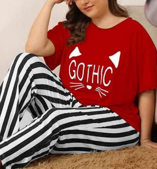 Gothic Red Night Dress Printed T-shirts With Striped Trouser