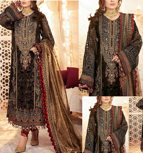 Handwork Heavy Embroidered Net Wedding Dress with Net Dupatta  (Unstitched) (CHI-721)