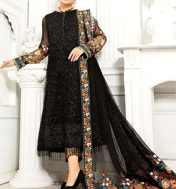 Heavy Embroidered Black Chiffon Party Wear Dress 2022 with Jamawar Trouser Unstitched (CHI-682)