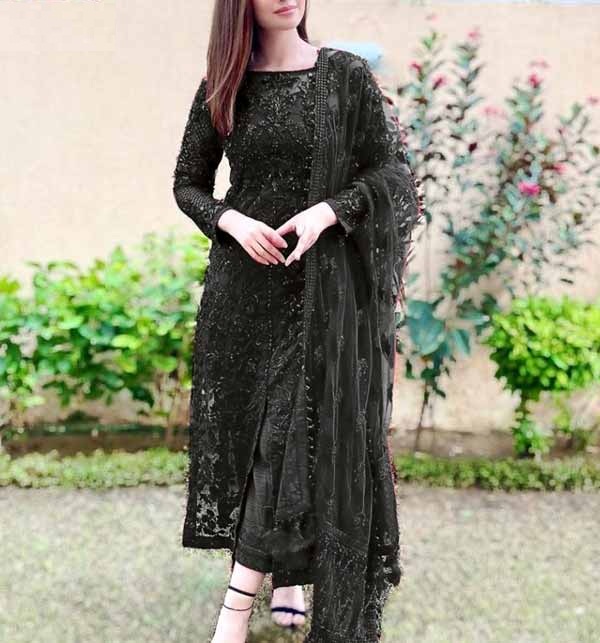 Net Heavy Embroidered Black Wedding Dress Net Full Heavy Embroider Dupatta  (CHI-470)	